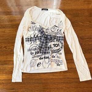Morgan White Long Sleeve Graphic Top with Plaid Bow